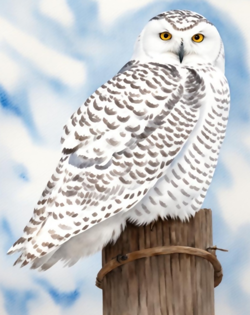 [Watercolor painting style, masterpiece] The image is a snowy owl sitting on top of a post.