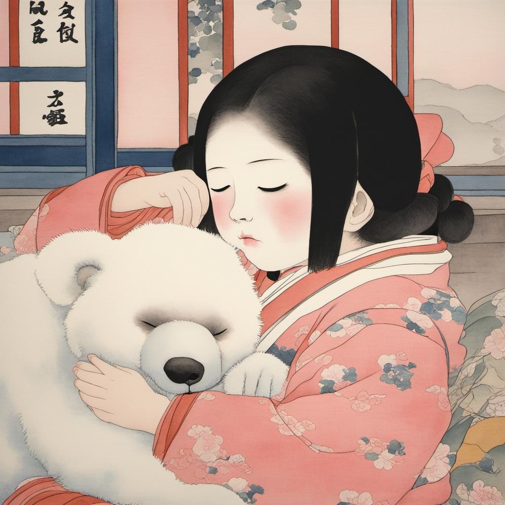 [Watercolor painting style, masterpiece] ukiyoe, little japanese girl sleeping peacefully with cream-colored snuggly bear, bedroom, pinks, tranquil