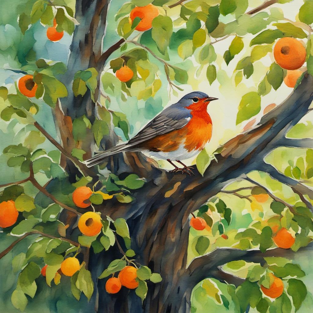 [Watercolor painting style, masterpiece] A tree that may in summer wear 
A nest of robins in its hair in Gouache Style, Watercolor, Museum Epic Impressionist Maximalist Masterpiece, Thick Brush Strokes, Impasto Gouache, thick layers of gouache watercolors textured on Canvas, 8k Resolution, Matte Painting