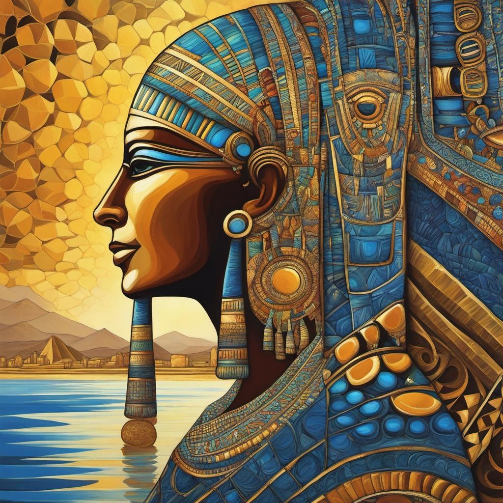 [Painting, Art Nouveau] Egyptian walking by the Nile river, acrylic oil, pastel abstract vector fractal, Zentangle, 3d shading