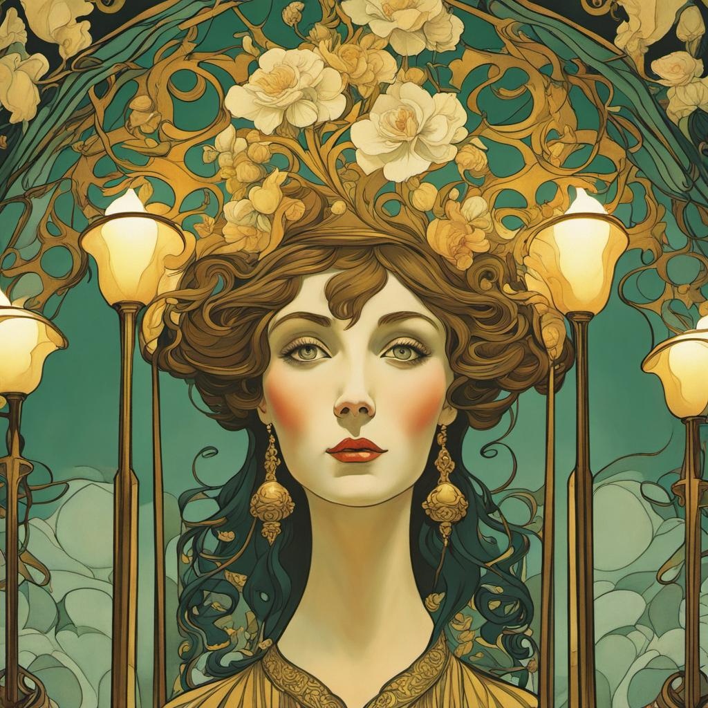 [Painting, Art Nouveau] Crazy Candelabras, Art Nouveau, 1890 retro woman's face