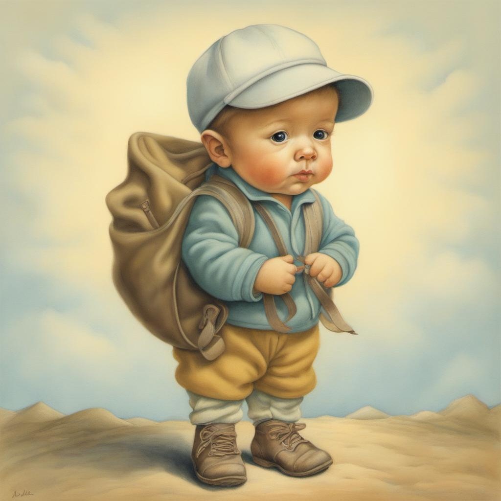 [Style of vintage illustration] a little boy with a big bag on his back and a cap with two snail horns, a pastel by Anne Geddes, Jeanine Dia, dada, fanciful, hyperrealistic,; [Style of vintage illustration] a little boy with a big bag on his back and a cap a pastel by Anne Geddes, Jeanine Dia, dada, fanciful, hyperrealistic,; [Style of vintage illustration] a little boy with a bag on his back and a cap a pastel by Anne Geddes, Jeanine Dia, dada, fanciful, hyperrealistic,