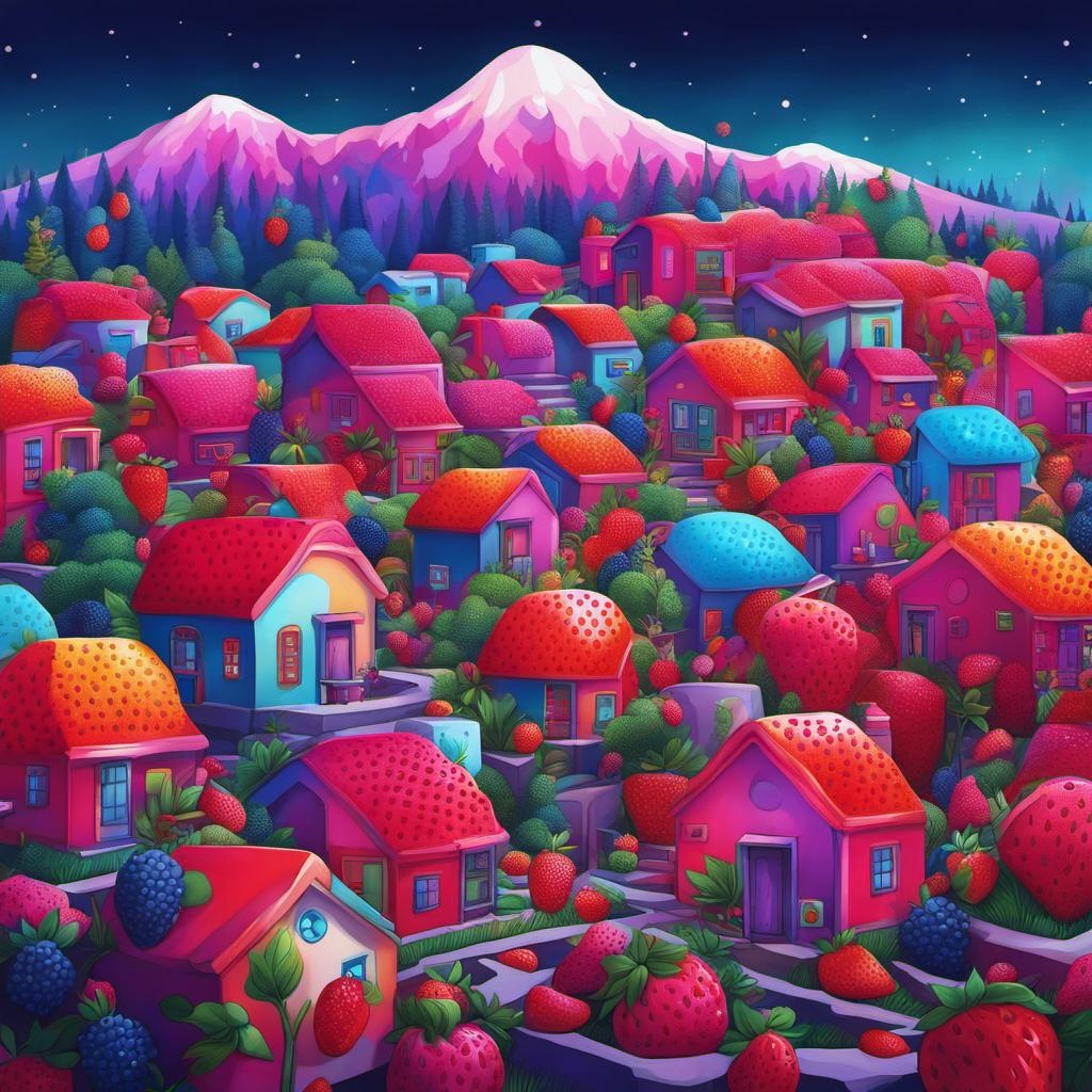 [vibrant liquid plasma] modern village with homes built in the colors of strawberries, raspberries, blueberries, Bohemian art style, dot painting, conceptual art