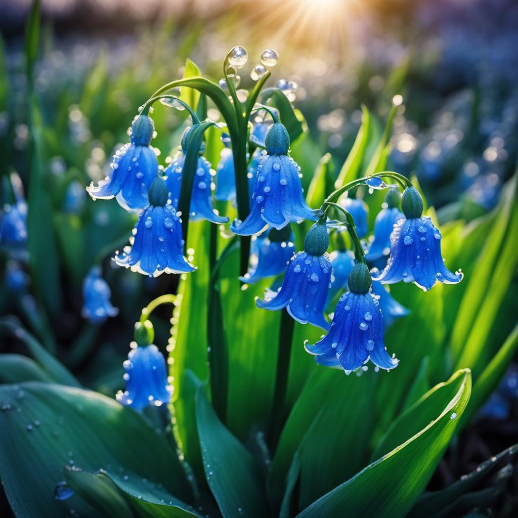 [Watercolor painting style, masterpiece] vibrant, detailed close up blue Lilly of the Valley, dew, sunrise in background intricate details, HDR, beautifully shot, hyperrealistic, sharp focus, 64 megapixels, perfect composition, high contrast, cinematic, atmospheric, moody