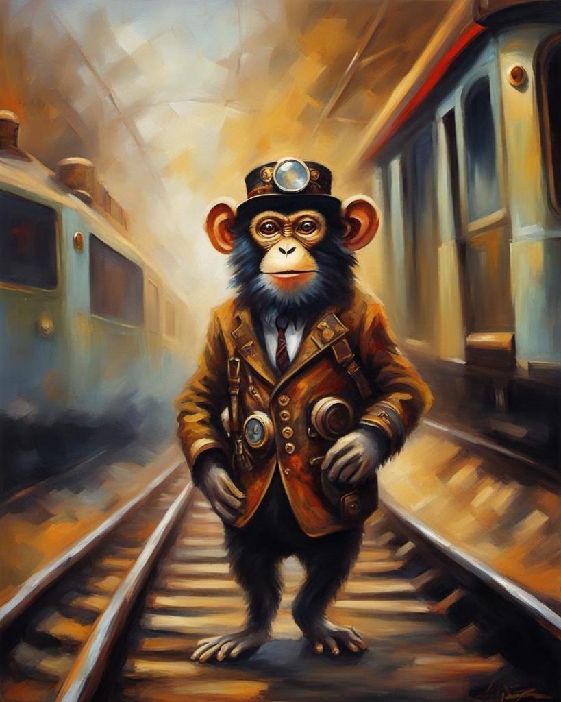 [Oil painting style, impasto, masterpiece] anthropomorphic, steampunk monkey, blurred background of trains and tracks