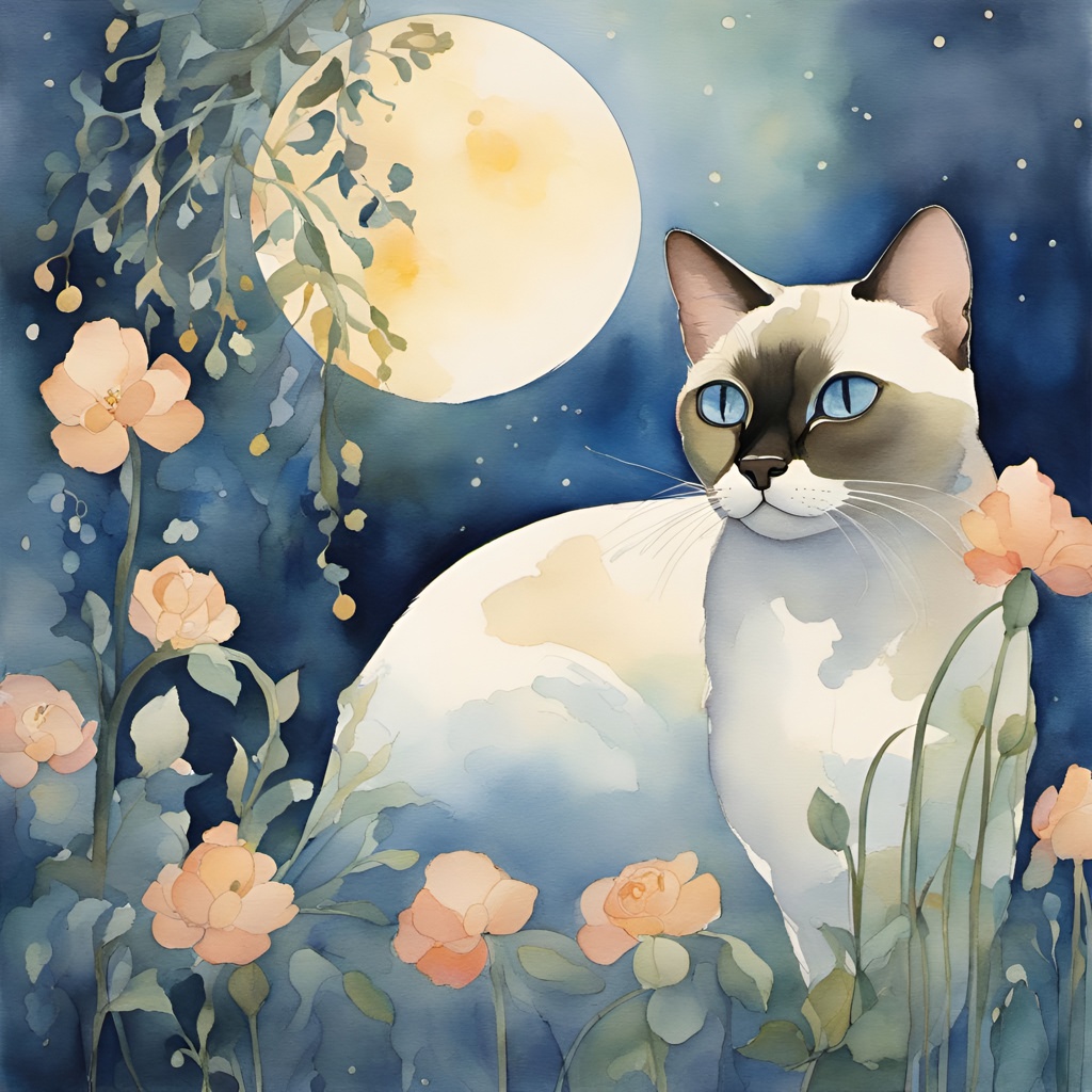 [Painting, Art Nouveau] watercolor paint, expressive portrait of a regal siamese cat in a moonlit garden, comparable to shoko fukuda, soft diffused lighting, mysterious mood, small, contemporary, flowing form, elegant, delicate; [Painting, Art Nouveau] watercolor paint, expressive portrait of a regal siamese cat in a moonlit garden, comparable to shoko fukuda, soft diffused lighting, mysterious mood, small, contemporary, flowing form, elegant, delicate