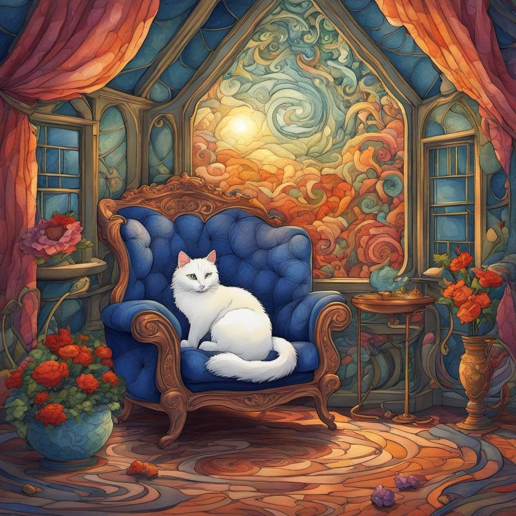 [Painting, Art Nouveau] A cozy attic room during a thunderstorm, a cat curled up on a plush armchair in floral print, a crackling fireplace, watercolor fantasy abstract art complementary colors fine details,  abstract vector fractal, wave function, Zentangle, 3d shading