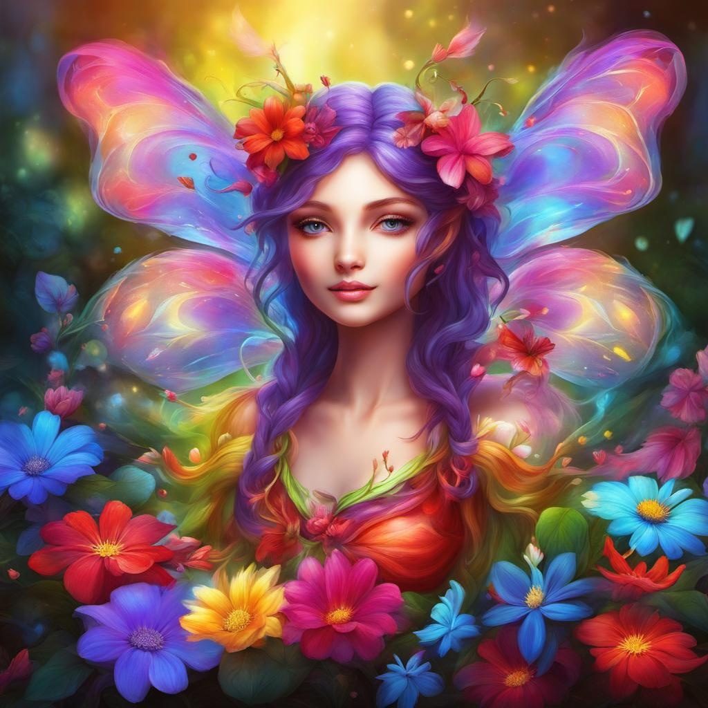 [vibrant liquid plasma] Beautiful colorful fairy with flowers, Valentine scene background, Carla Gannis style