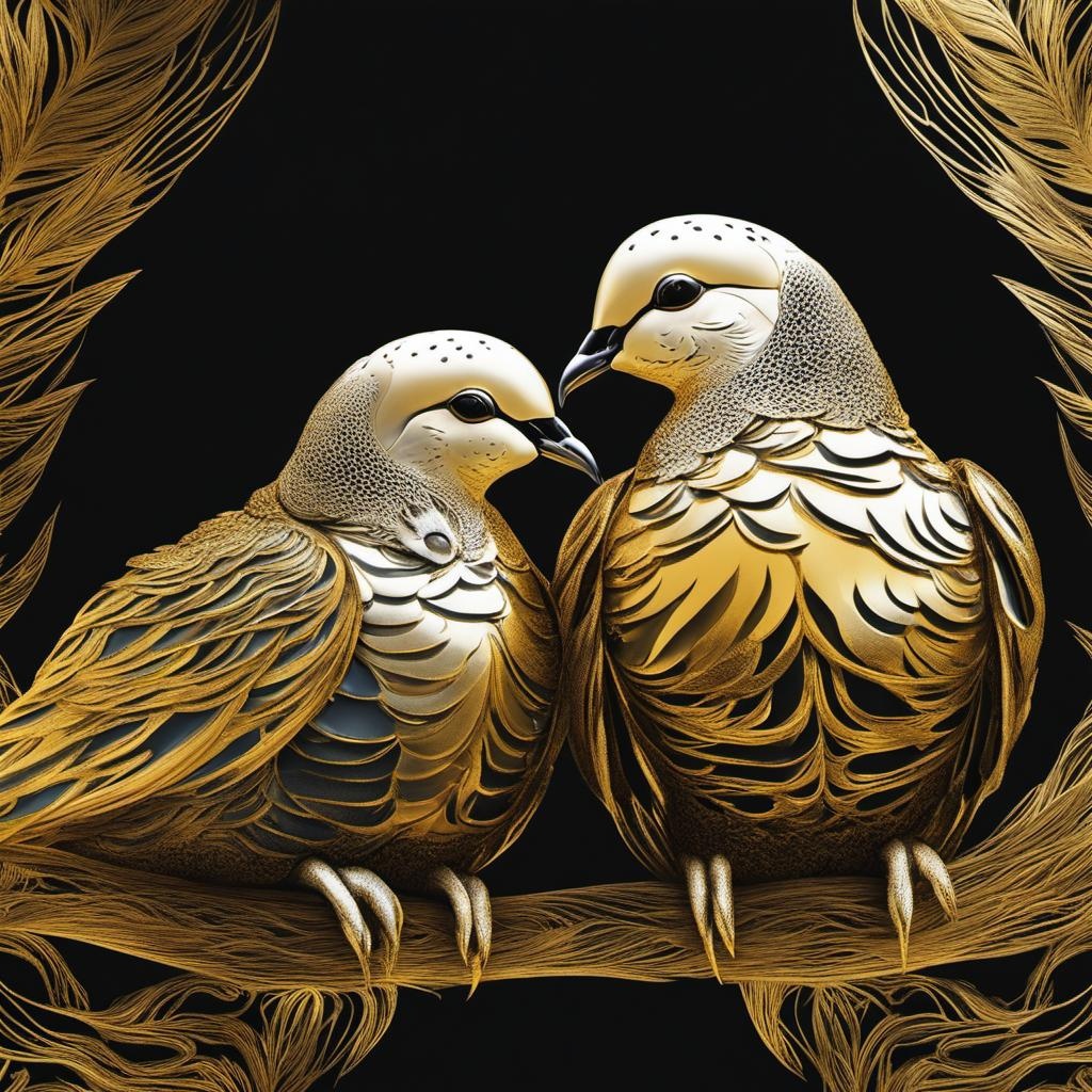 [vibrant liquid plasma] Two fluffy baby turtle doves laced 
In gold Moiré a snuggled embrace 
Feathers form beautiful negative space 
In a scintillating cosmic void