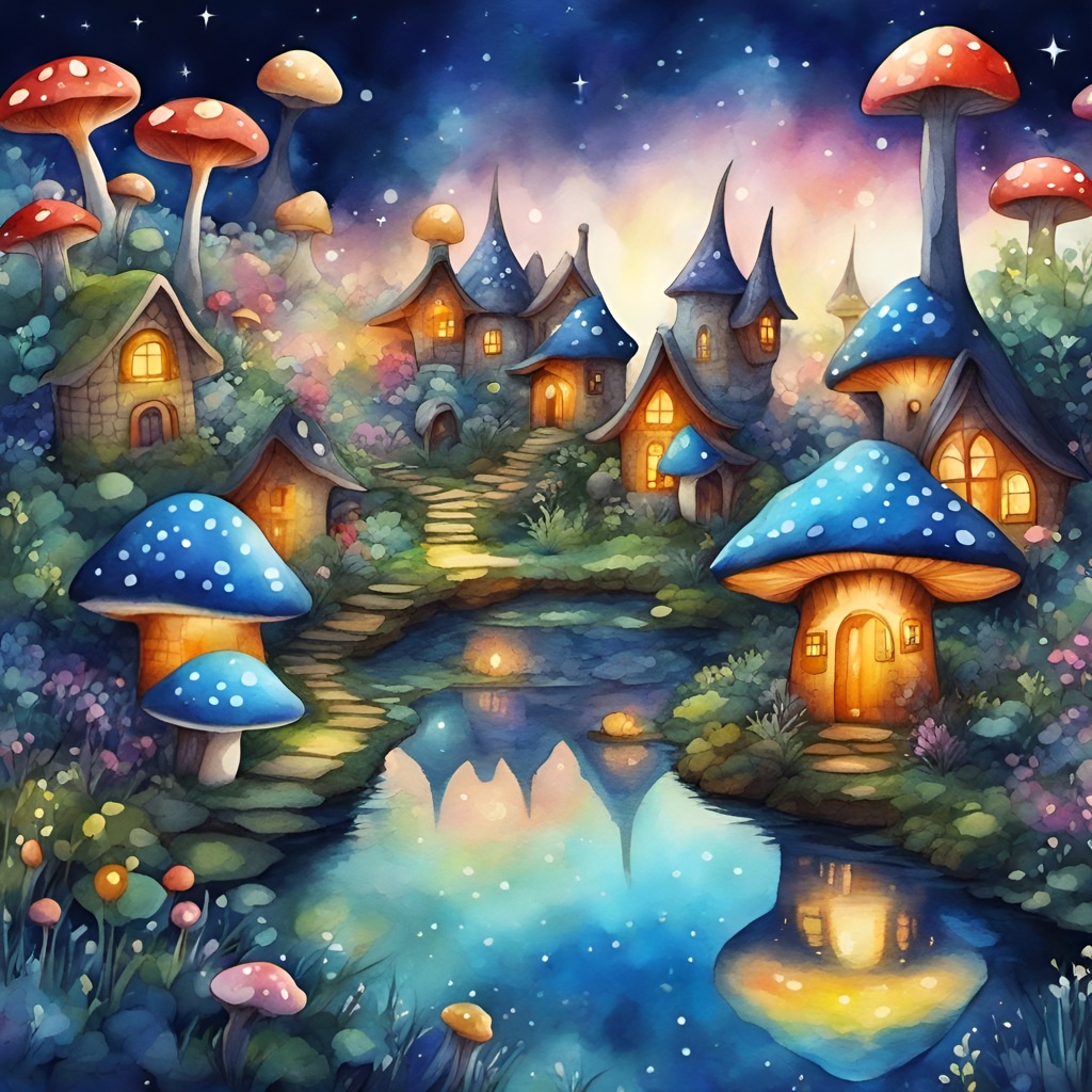 [Watercolor painting style, masterpiece] fantastical fairy village, tiny mushroom houses, sparkles everywhere, stars in night sky reflected in pond, tiny Fairies,  abstract vector fractal, Zentangle, 3d shading,