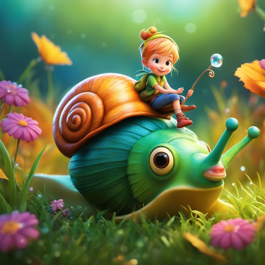 [Pixar style, Disney] whimsical illustration of a cute tiny fairy riding a snail, surrounded by grass, colorful, vibrant, grass with dew drops, warm lights, fall vibes,