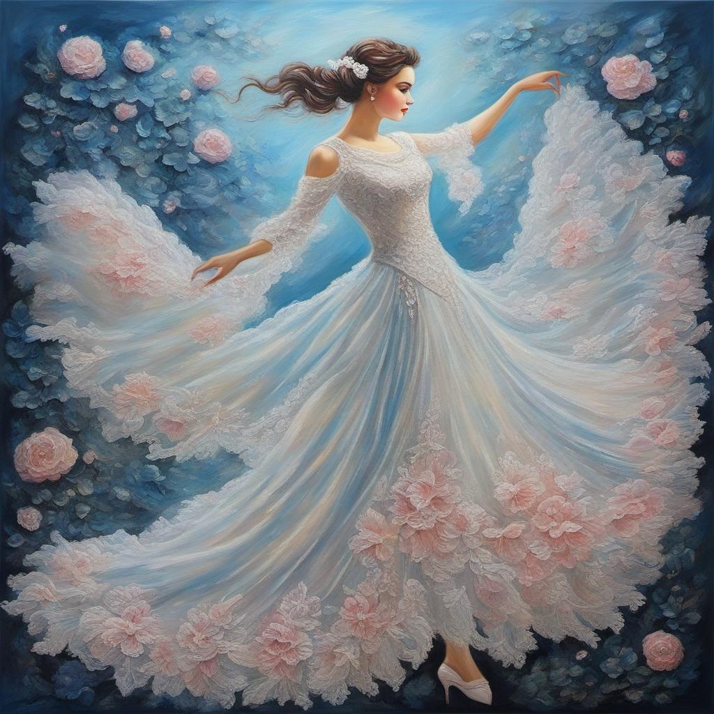 [Oil painting style, impasto, masterpiece] delicate lace art on silk background, translucent underlit, dancing Lady dressed in a vaporous wrapped large lace mallow semi-transparent dress, misty sparkling cosmic background, lace embroidery art