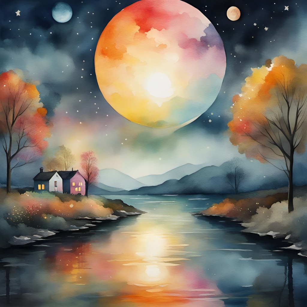 [Watercolor painting style, masterpiece] whimsical painting, pastels, sweet and delicate, bright side of the sun, dark side of the moon