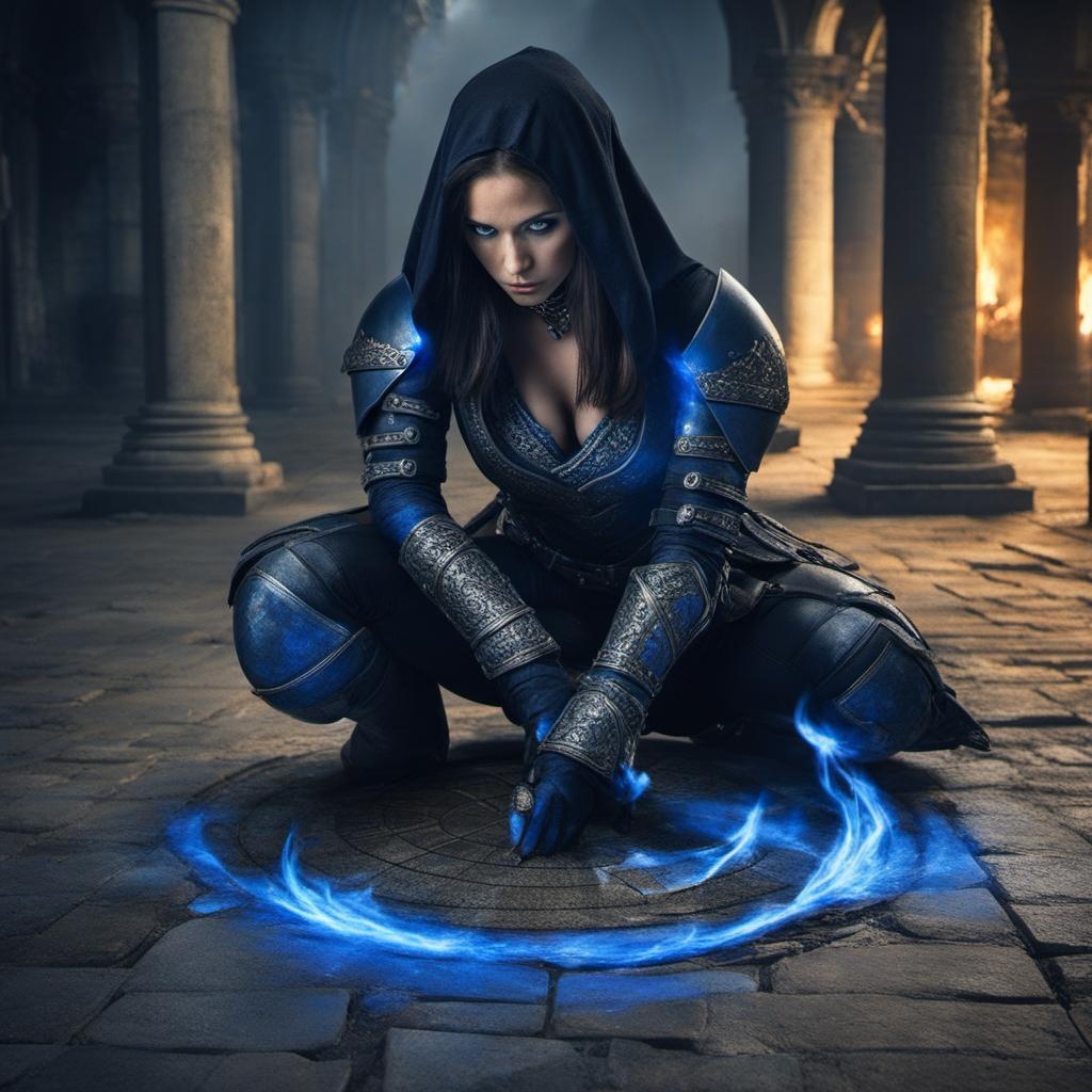 ""Warning", gothic text, blue fire circle, "Warning", written, beautiful woman, crouching, stone floor, beautiful woman rogue in armor."