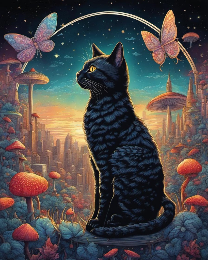 [Painting, Art Nouveau] Fairy lights black white rainbow Stipple drawing Striped cat Fairy cat with wings texture intricately detailed high-resolution, ultra-detailed Utopia utopian city by the styles of Cyril Rolando, Dan Mumford, and Albert Bierstadt, as well as the works of Botticelli and Victo Ngai. The image is an incredible wallpaper with a magical and captivating background society metropolitan Utopia utopian city society metropolitan Wheel of fortune CAt fairy with wings Sunflowers plants Stipple weird strange alien plants Red pink magic amanita muscaria mushrooms Magic plants Stipple Magic weird alien plants flower magic mushrooms alien Cat fairy Life and death blue velvet texture intricately detailed high-resolution, ultra-detailed Fairy lights Twinkle stars Stipple drawing