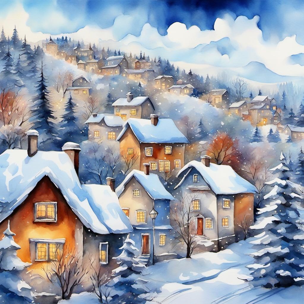 [Watercolor painting style, masterpiece] white village landscape, cozy houses at Christmastime, blue sky, white clouds, beautiful trees, white snow, sharp focus, warm Christmas atmosphere, elegant intricate 8k 3D masterpiece beautiful high definition crisp quality surreal watercolor and line art elaborate rich color's spectacular zentangle style