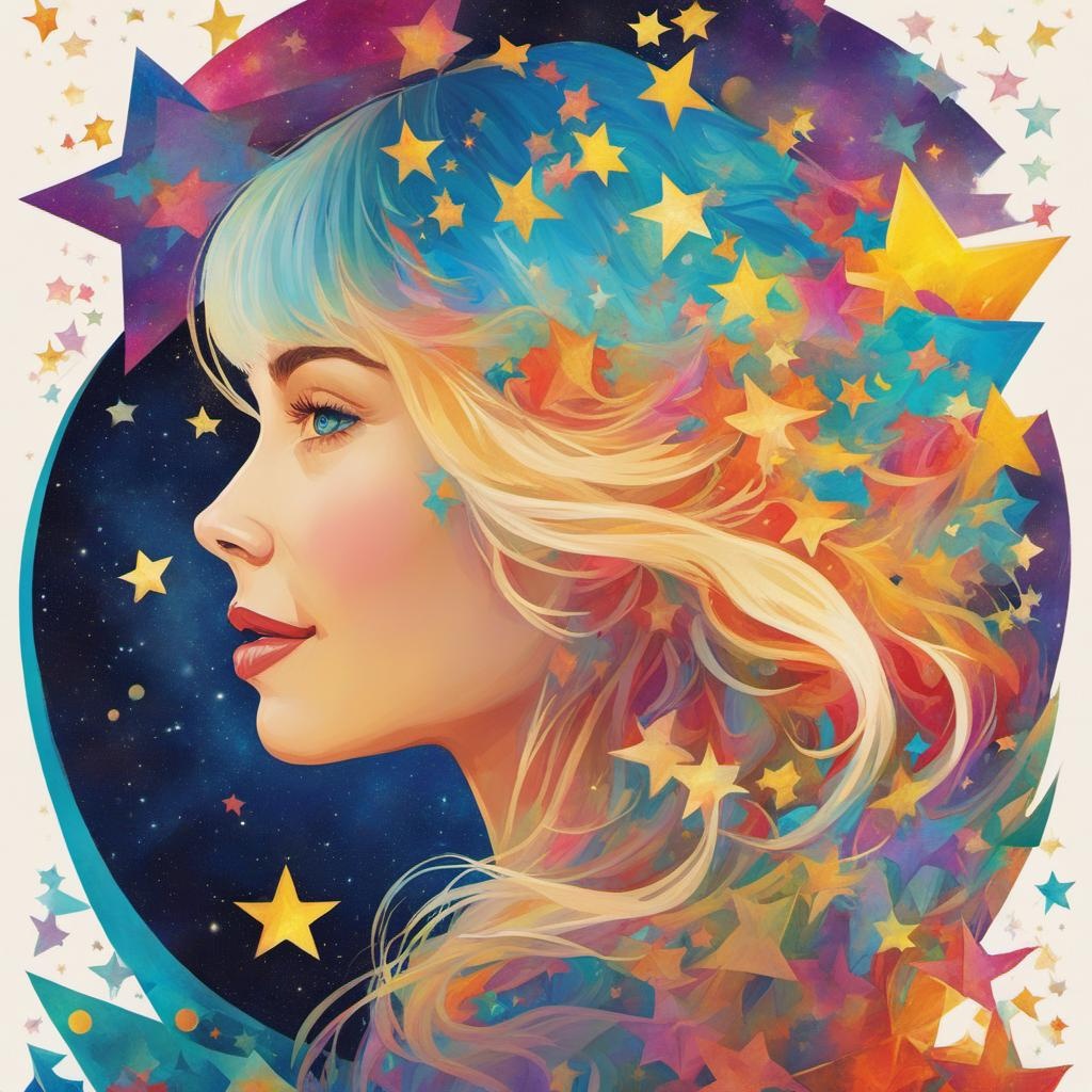 [Painting, Art Nouveau] hypermaximalist extremely detailed colorful double exposure portrait collage art fantasy illustration colorful stars, angelic young woman with blonde hair and radiant confident smile, colorful stars, silhouette art, vibrant triadic colors,