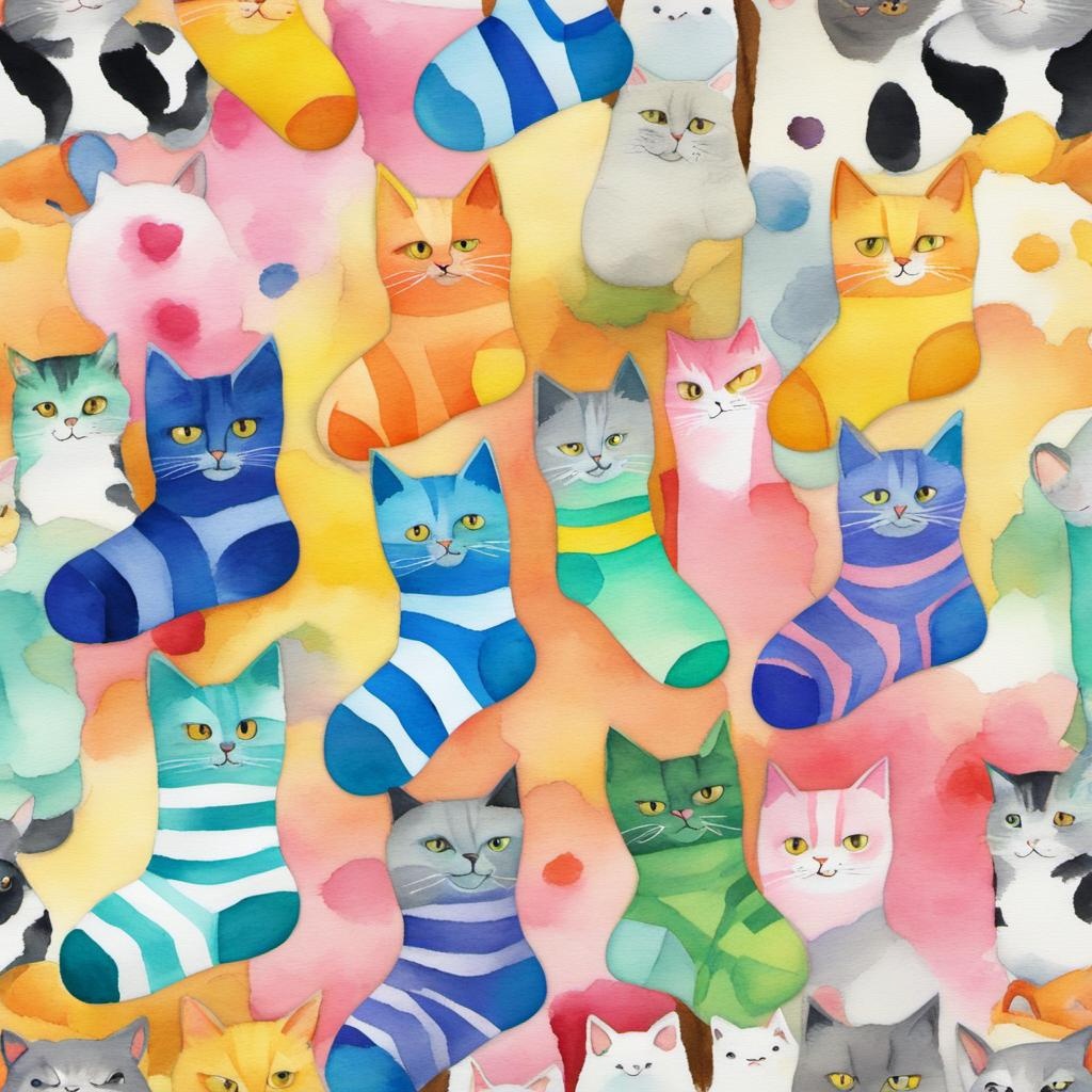 [Watercolor painting style, masterpiece] socks on whimsical fun stick cats, pastels