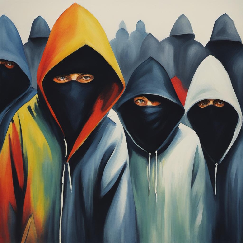 [Painting, surrealism] whimsical robbers in hoods, scary, suspicious, crime, mysterious, crayon oil seamless; [Painting, minimalism] whimsical robbers in hoods, scary, suspicious, crime, mysterious, crayon oil seamless