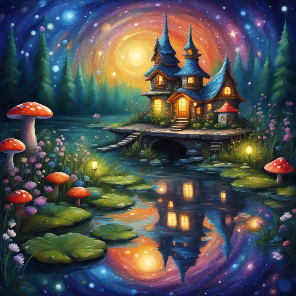 [Oil painting style, impasto, masterpiece] A (fairy sitting by the pond:1.3), fantastical fairy village, many tiny mushroom houses,  sparkles everywhere, stars in night sky reflected in pond, tiny Fairies,  abstract vector fractal, Zentangle, 3d shading,