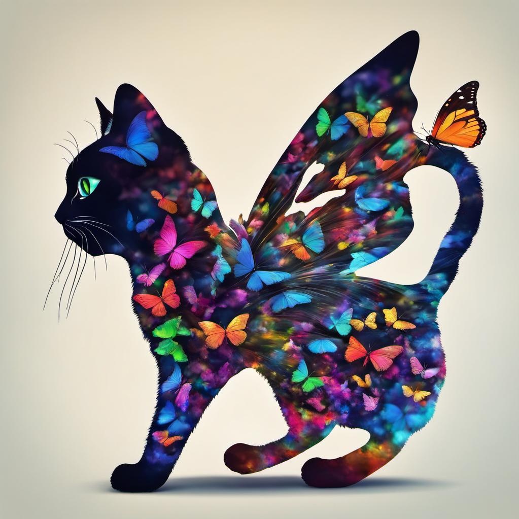 [vibrant liquid plasma] Side silhouette of a cat walking, with large butterfly wings on its back made out of tiny butterflies, in a body made of multicolored butterflies that is almost transparent but you can see all the better flies flowing off as the cat walks forward