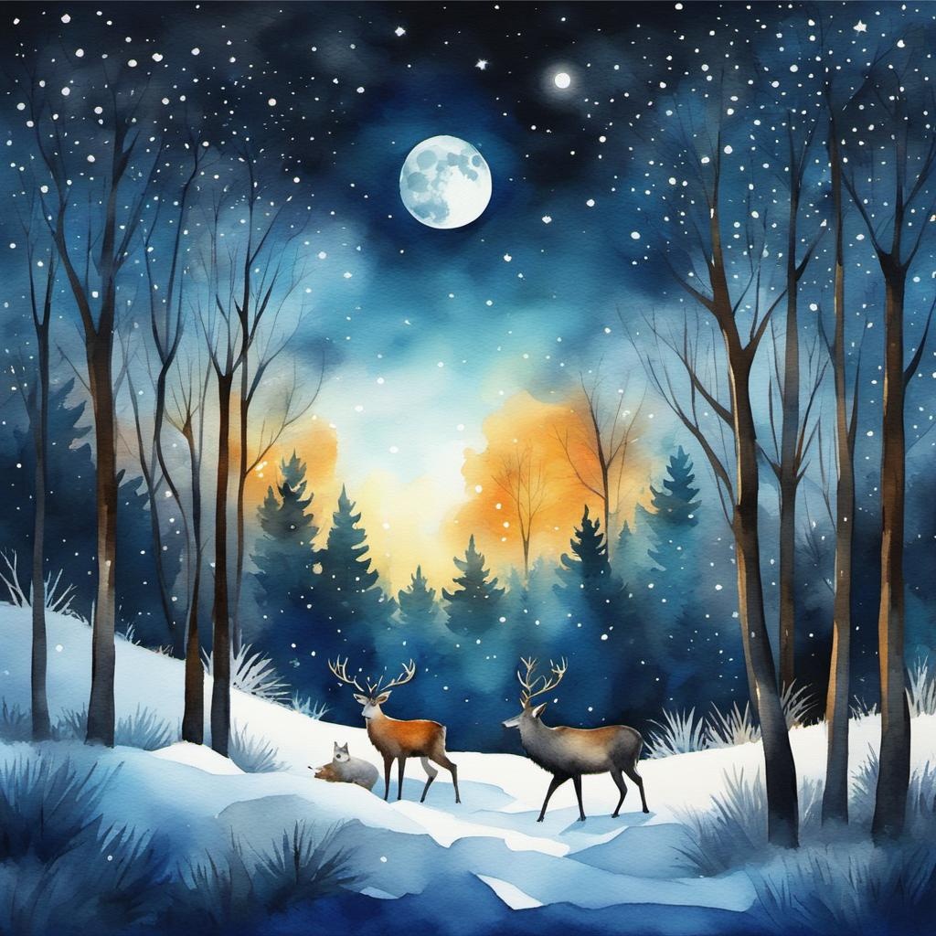 [Watercolor painting style, masterpiece] Winter forest, forest animals, night sky, stars, full moon