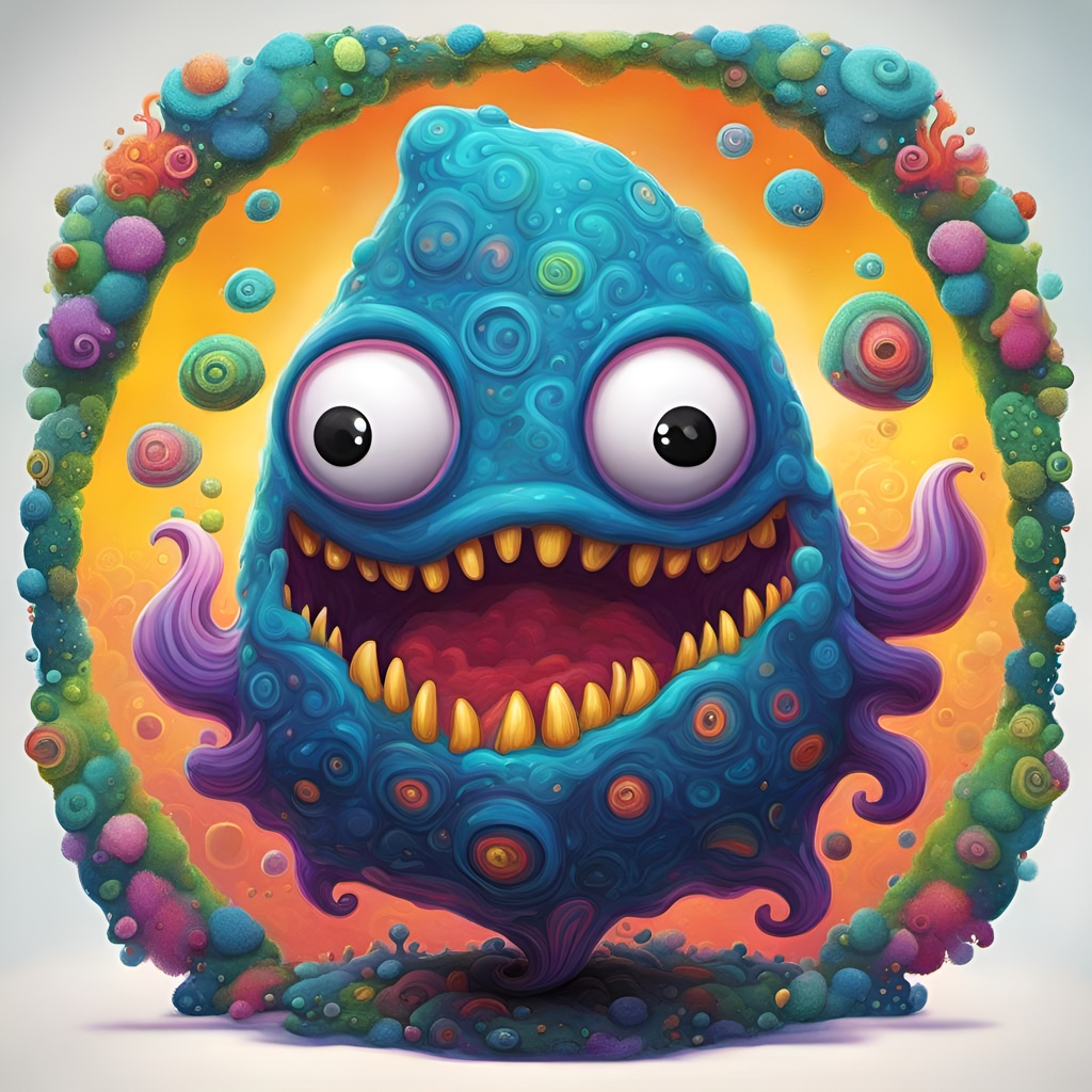 In a captivating art piece, a whimsical virtual regal amoeba blob creature takes center stage. by alex1shved This vibrant cartoon image showcases a charming and charismatic character, reminiscent of a blob-like organism. The virtual creation is brought to life with vivid colors and impeccable detailing, capturing every intricate texture and contour. The image, perhaps a digital painting or an animated illustration, radiates with playful energy and showcases the high-quality craftsmanship involved in its creation. With its endearing yet regal presence, this enchanting creature invites viewers into a world of imagination and delight