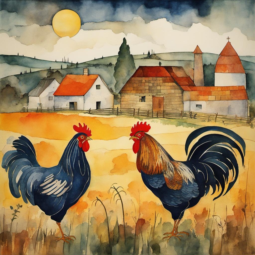 [Style of vintage illustration] Watercolor poster art of beautiful farm life: hens and (1) rooster. Cats. Farm building. Fields. Beautiful. Detailed. Mysterious. Magical. Dynamic. Mystic Volumetric lighting. By Egon Schiele and Paul Klee