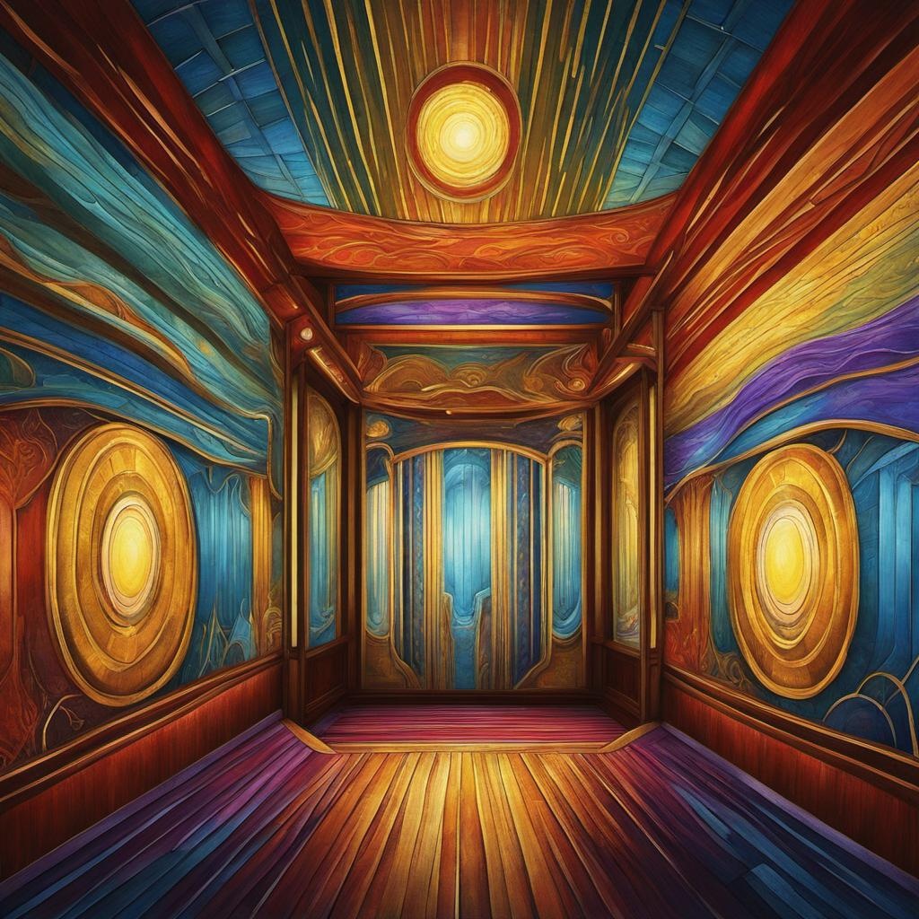 [Painting, Art Nouveau] oscillating strength of various colors rays textures in an entertainment booth