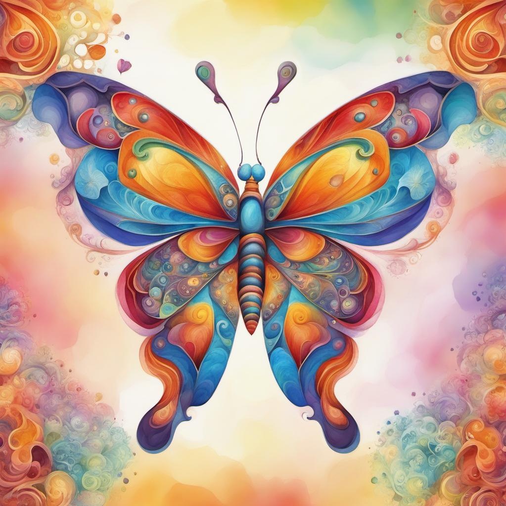 [Watercolor painting style, masterpiece] Butterfly, insect, full body, no deformed body parts, vector fractal, bright colors, Zentangle, 3d shading abstract vector fractal, WHIMSICAL MAGICAL, solid color background