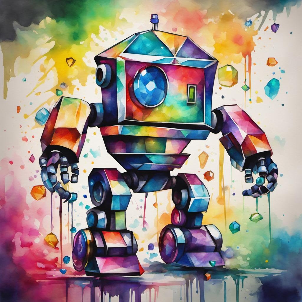 [Watercolor painting style, masterpiece] Robot made of colorful faceted jewels, bright colors, thin black outlines, graffiti art, splash art, street art, spray paint