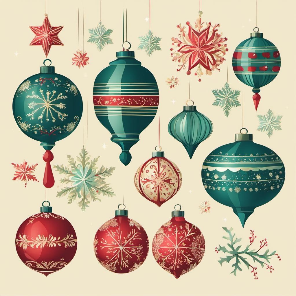 [Style of vector art, clip graphics] winter wonderland, vintage Christmas decorations, nostalgic holiday, delicate glass ornaments,; [Style of vector art, clip graphics] vintage Christmas decorations, nostalgic holiday, delicate glass ornaments,; [Style of vector art, clip graphics] vintage Christmas decorations, nostalgic holiday, delicate glass ornaments,