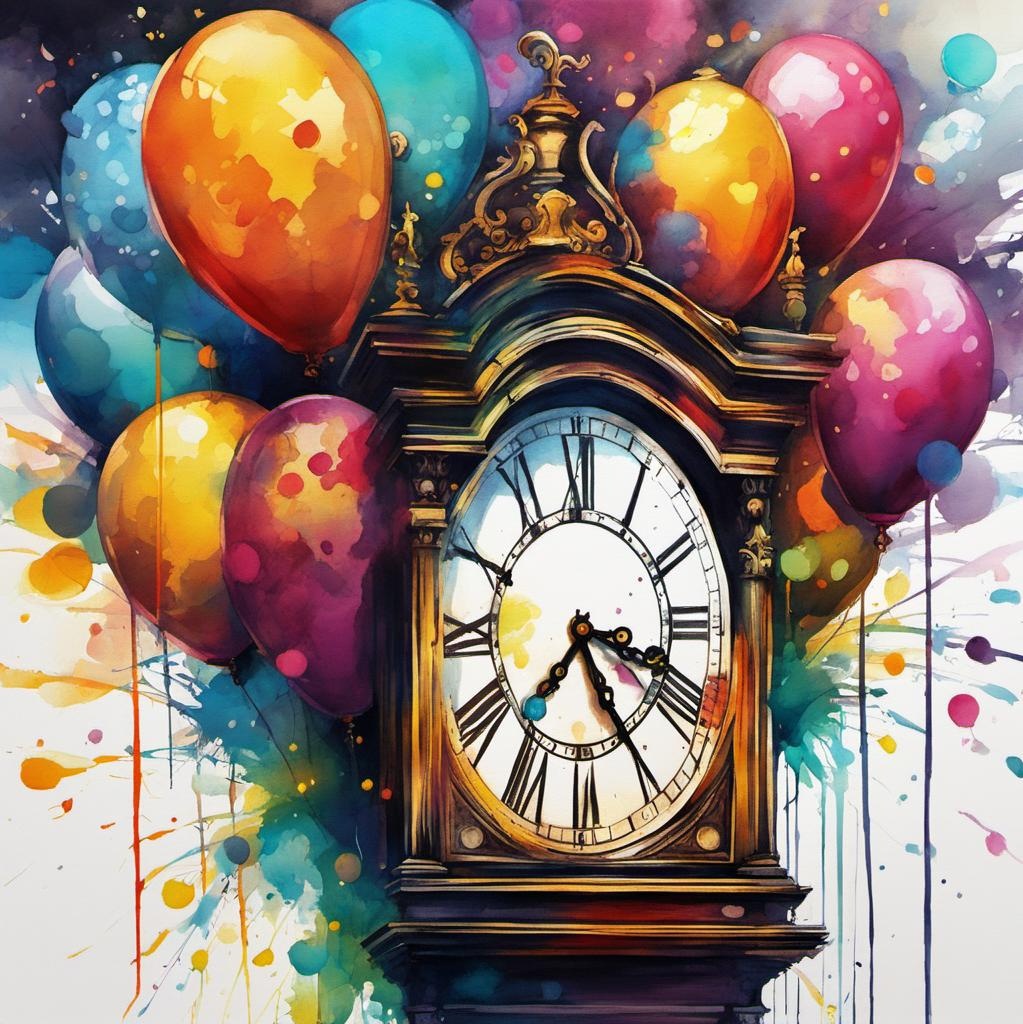 [Watercolor painting style, masterpiece] party with large vintage clock showing count down to midnight, 2024, balloons, blurred party background, graffiti art, splash art, street art, spray paint, oil gouache melting, acrylic, high contrast, colorful polychromatic, ultra detailed, ultra quality, CGSociety abstract vector fractal, wave function, Zentangle, 3d shading