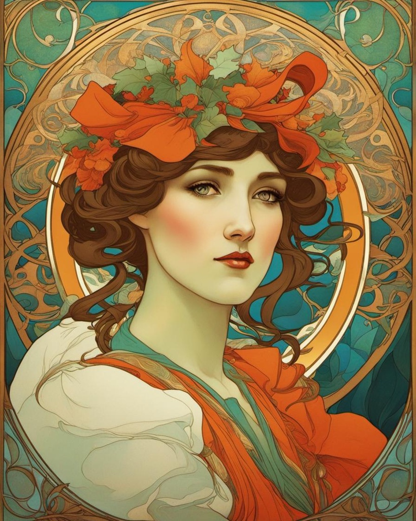 [vibrant liquid plasma] Christmas as a lady, art nouveau style by Alfonse Mucha