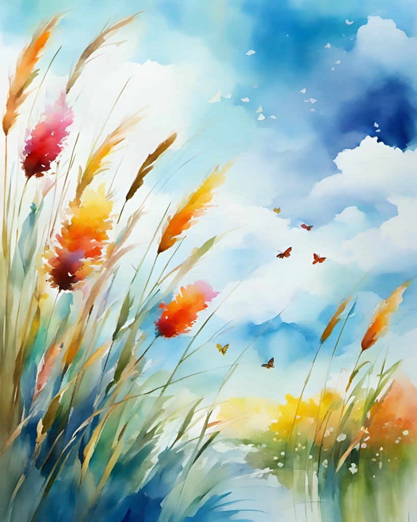 [Watercolor painting style, masterpiece] abstract colorful butterfly shaped flowers and cattails, dancing in the wind, muted pastels, summer's day, carefree, blue sky, white clouds,; [Watercolor painting style, masterpiece] abstract colorful flowers and cattails, dancing in the wind, muted pastels, summer's day, blue sky, white clouds, colorful butterflies