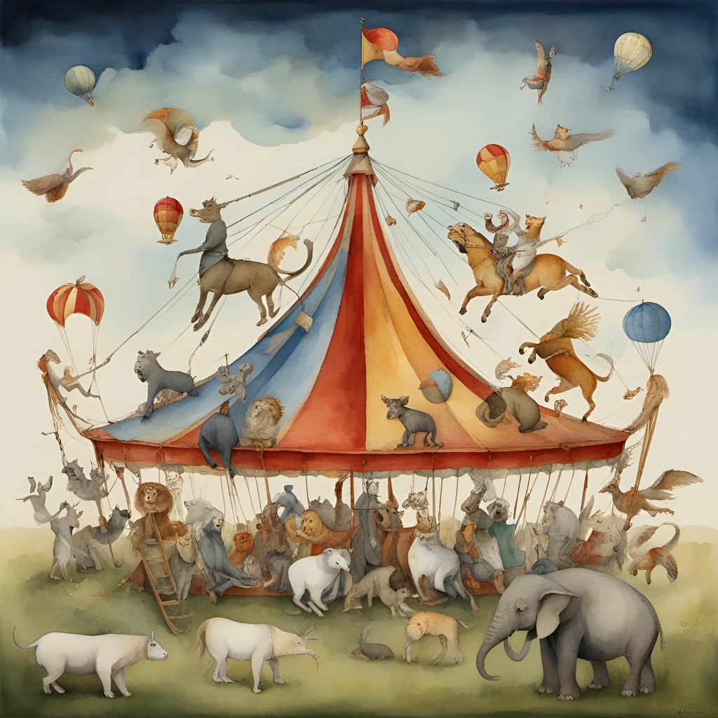 [Watercolor painting style, masterpiece] the exponent equations middle ages circus animals; [Watercolor painting style, masterpiece] the exponent equations middle ages circus animals