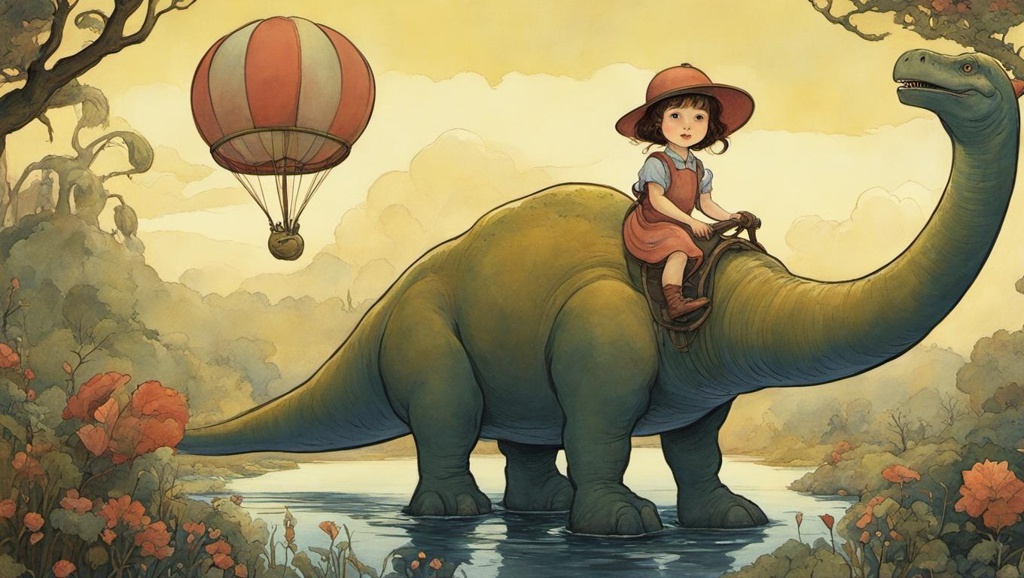 [Style of cute cartoon drawing] whimsical illustration of a 5-year old girl riding on a brontosaurus, in the style of moyoco anno; [Painting, Art Nouveau] whimsical illustration of a 5-year old girl riding on a brontosaurus, in the style of moyoco anno