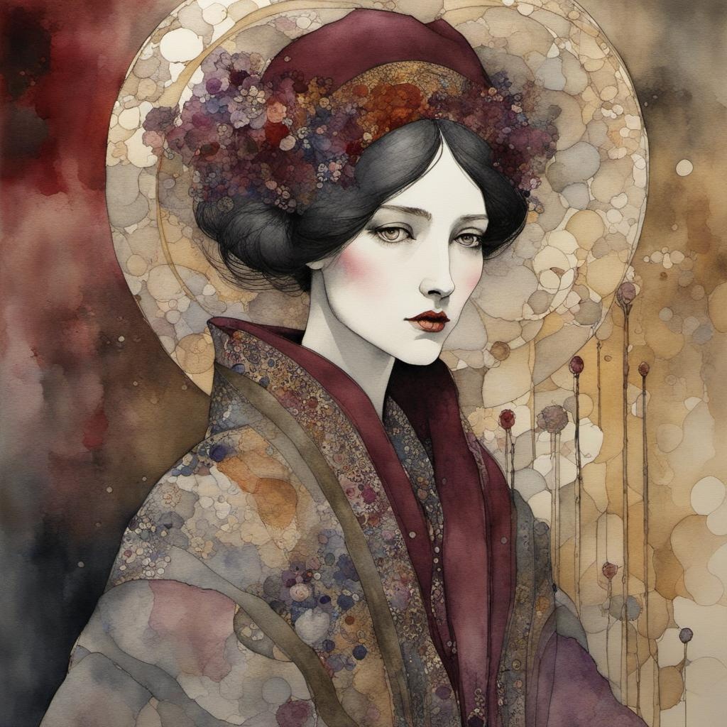 [Watercolor painting style, masterpiece] portrait woman watercolor in muted colors of wine and sand,  by Harry Clarke, Klimt, Gabriel Pacheco, Gris Grimly