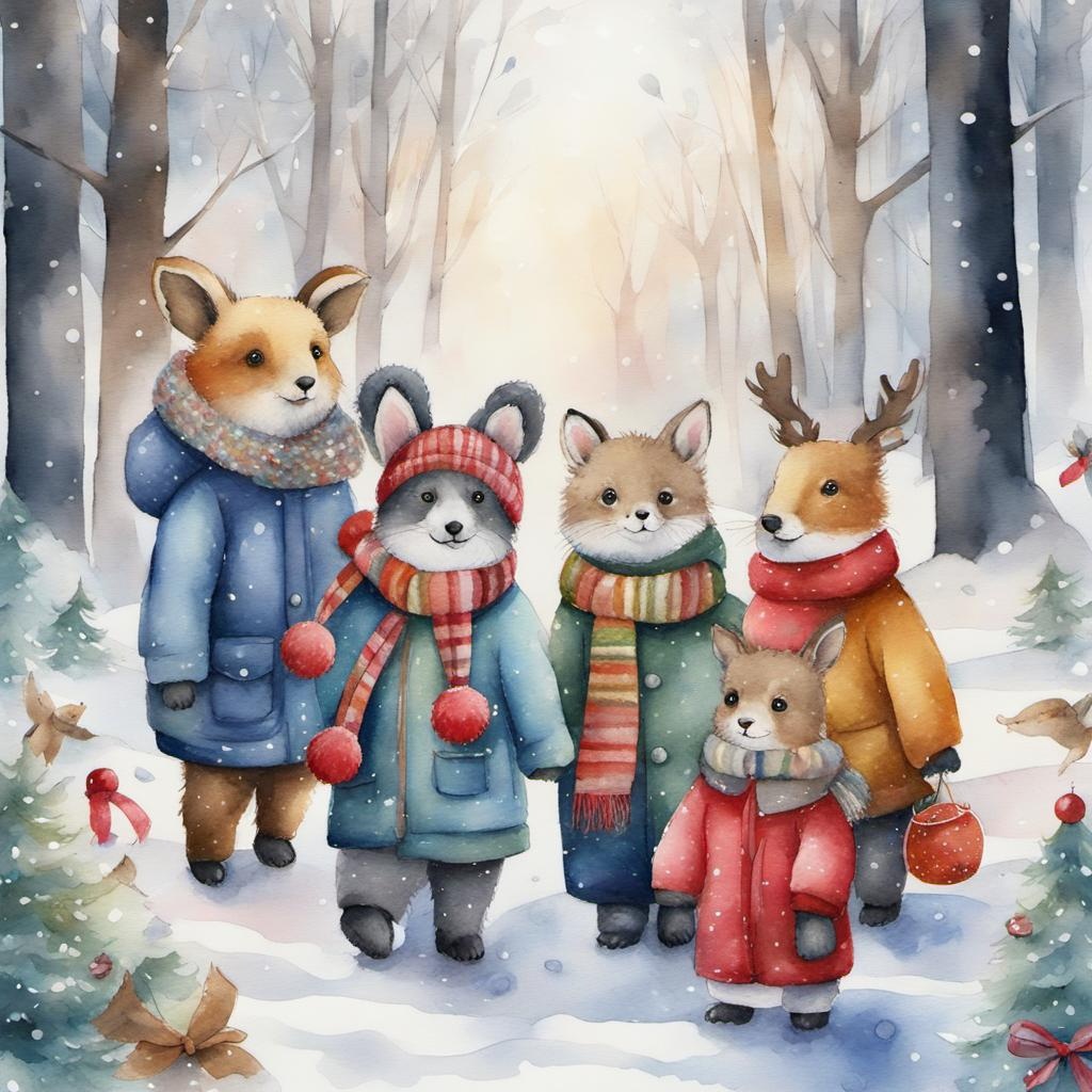 [Pixar style, Disney] Cuddly animals with winter clothes in the middle of the woods celebrating Christmas; [Watercolor painting style, masterpiece] Cuddly animals with winter clothes in the middle of the woods celebrating Christmas; [Watercolor painting style, masterpiece] Cuddly animals with winter clothes in the middle of the woods celebrating Christmas