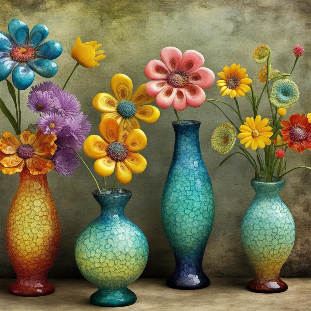 [Murrine glass, sculpture] Art Nouveau Style vintage flowers in retro Vases, flowers in a garden, grunge, pastels, stippled texture, blistered, plastered