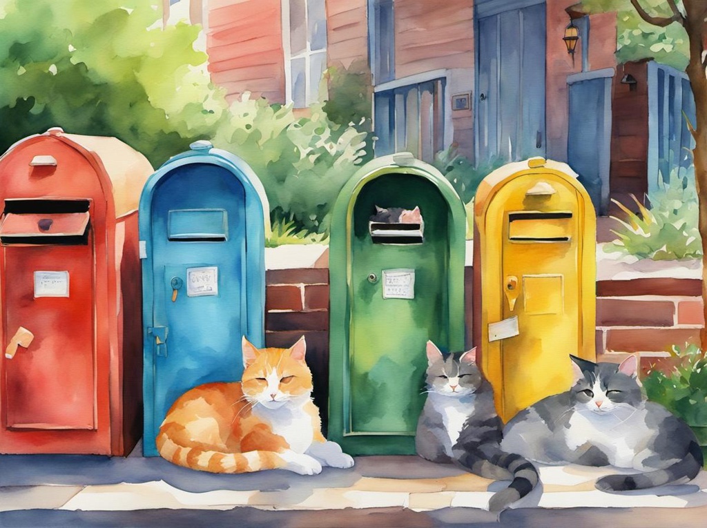 [Watercolor painting style, masterpiece] watercolor painting, cats sleeping inside 4 colorful pastel mailboxes, suburban lane