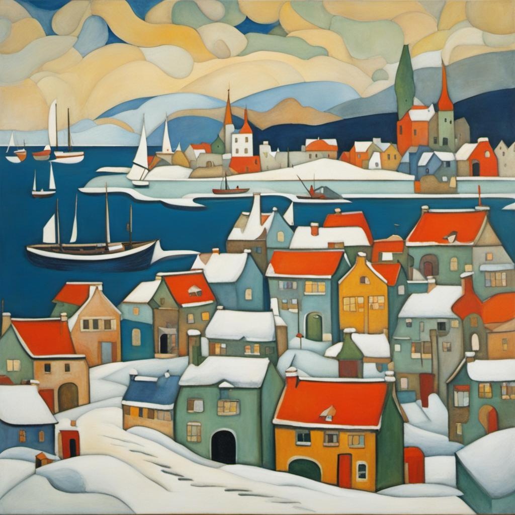 [Painting, Art Nouveau] a snowy coastal town, ships in harbor, houses in background, Willi Baumeister style