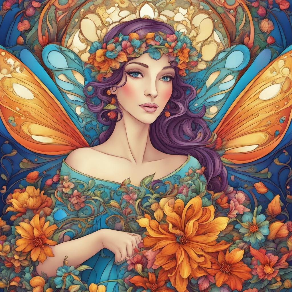 [Painting, Art Nouveau] Beautiful colorful fairy with flowers, Valentine scene background, Carla Gannis style abstract vector fractal, Zentangle, 3d shading