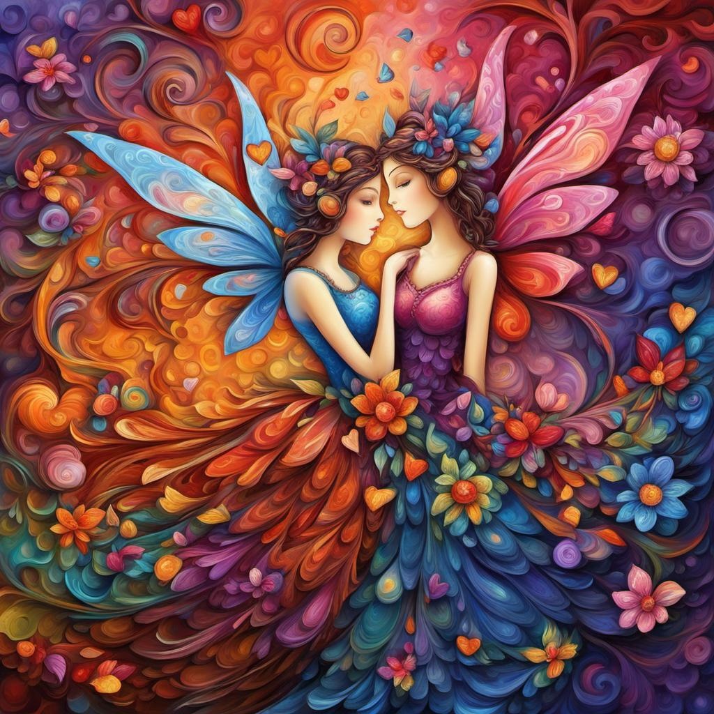 [Oil painting style, impasto, masterpiece] colorful Fairies, Valentine scene background, Carla Gannis style abstract vector fractal, Zentangle, 3d shading