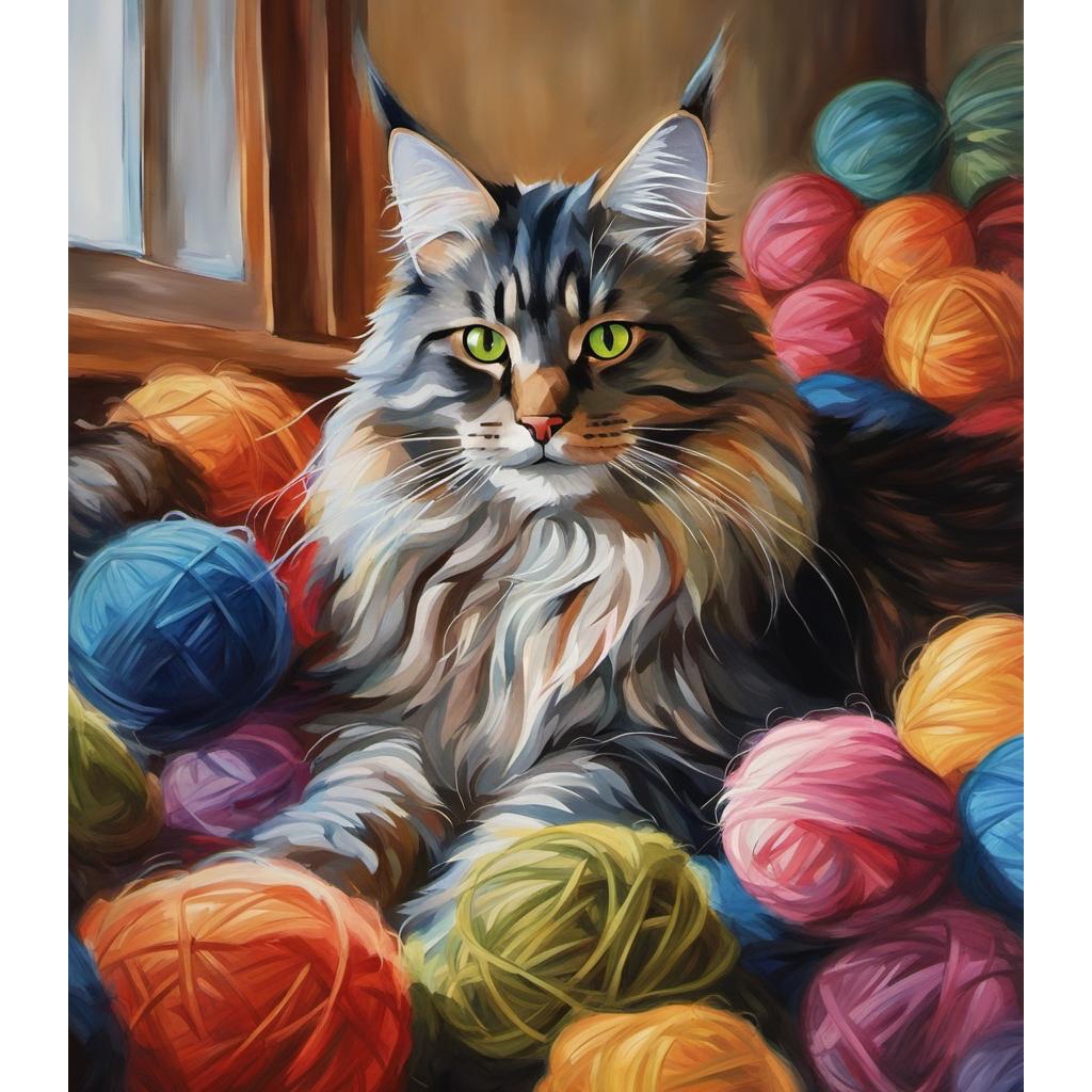 [Watercolor painting style, masterpiece] Action portret of mainecoon cat completely tangled up in all kinds of balls of wool in a comfy livingroom, the warmth and sereness of the room contradict the panic and anger of the tangled up cat