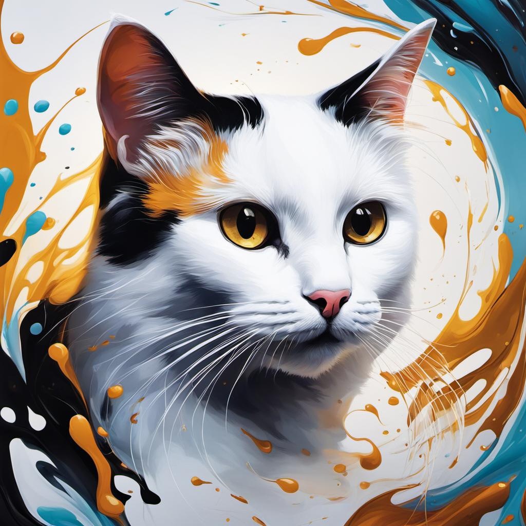 [Style of cute cartoon drawing] white, cat with brown and black patches; [vibrant liquid plasma] white, cat with brown and black patches