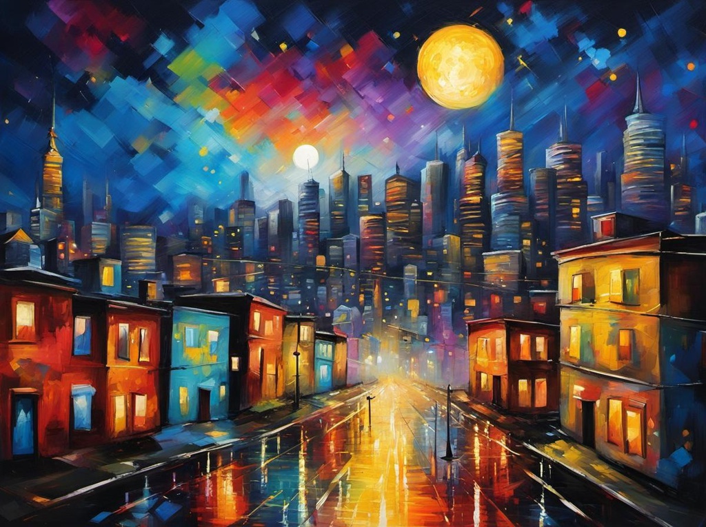 [Oil painting style, impasto, masterpiece] Cityscape at night, buildings with lights, starry night sky, full moon, graffiti art, splash art, street art, spray paint, oil gouache melting, acrylic, high contrast, colorful polychromatic, ultra detailed, ultra quality, CGSociety