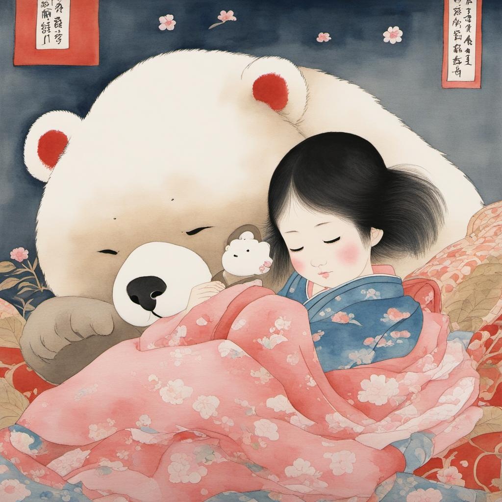 [Painting, Art Nouveau] ukiyoe, little japanese girl sleeping peacefully with cream-colored snuggly bear, bedroom, pinks, tranquil; [Style of vintage illustration] ukiyoe, little japanese girl sleeping peacefully with cream-colored snuggly bear, bedroom, pinks, tranquil; [Watercolor painting style, masterpiece] ukiyoe, little japanese girl sleeping peacefully with cream-colored snuggly bear, bedroom, pinks, tranquil