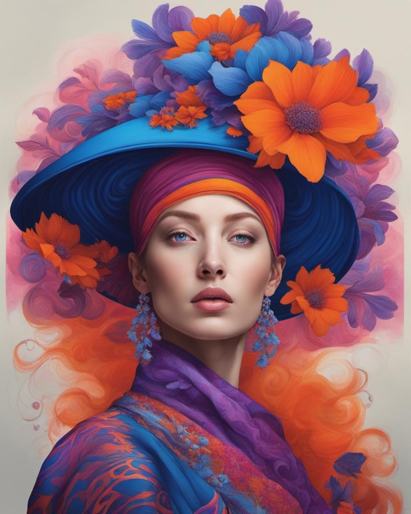 [Painting, surrealism] Create a surreal digital artwork showcasing a Caucasian woman with a serene expression. Her facial features are highlighted by the dynamic, swirling patterns of blue, orange, and purple hues. She is wearing an elaborate bright orange hat that is adorned with blue and orange flowers. Her attire is equally complex, comprising floral patterns in blue, orange, and pink distinctively spread over her attire. Set against a dark background, the vivid colors of her face and clothing contrast and pop out. The overall composition merges elements of nature with abstract features, resulting in a visually arresting and imaginative scene.