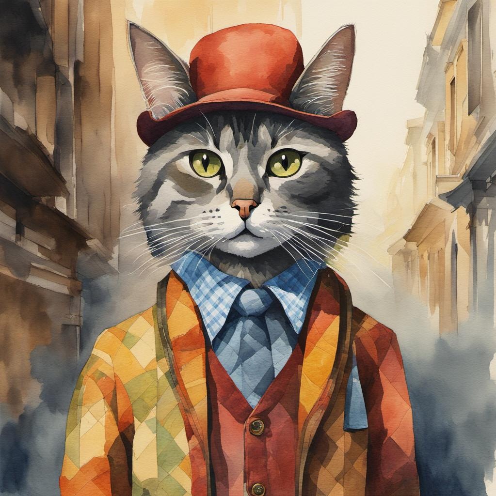 [Watercolor painting style, masterpiece] Cat wearing patchwork outfits in Mike Hutter style